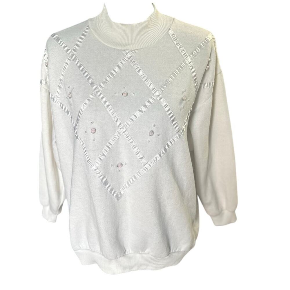Vintage Erika Taylor Sport White Floral Rose Grandma Sweater Women’s Size L